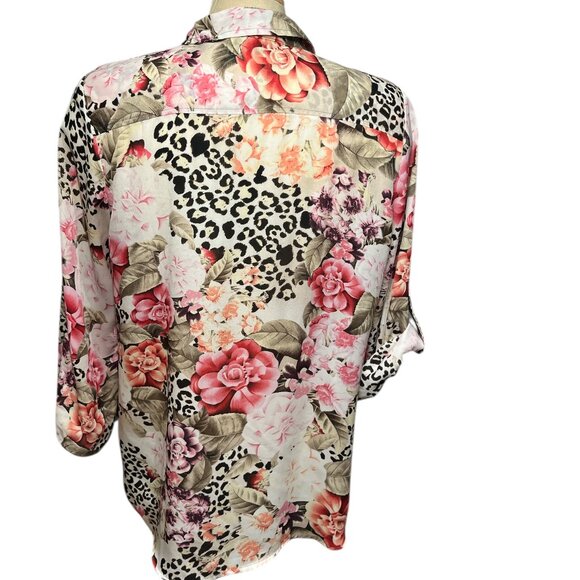 DRESSBARN Blouse Size Large Leopard Print Floral Button Down Long Length Pretty - Picture 4 of 9